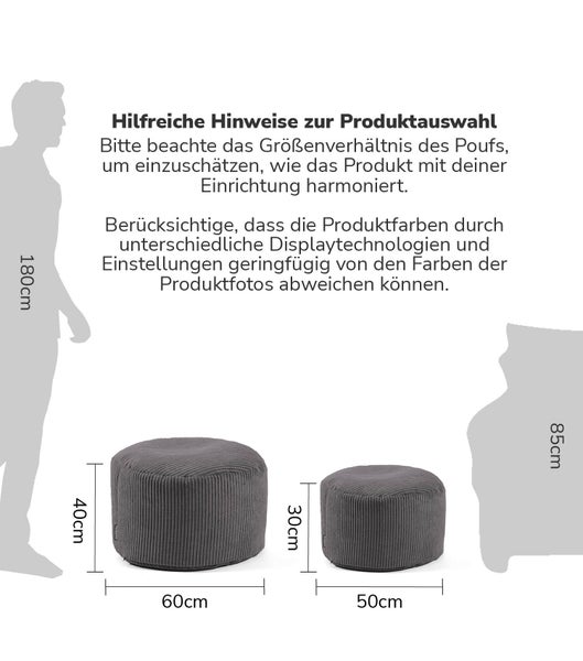 mokebo Pouf oder Sitzhocker aus Cord 'Der Faule Lenz', Fußhocker in Anthrazit mit EPS-Perlen Füllung