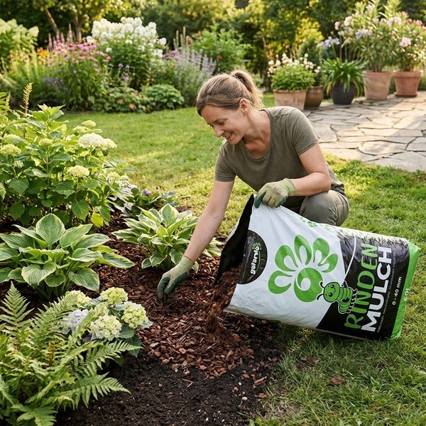 Eine Frau verteilt FloraSelf Rindenmulch aus einem Sack in ein Gartenbeet mit Hortensien und Farnen.