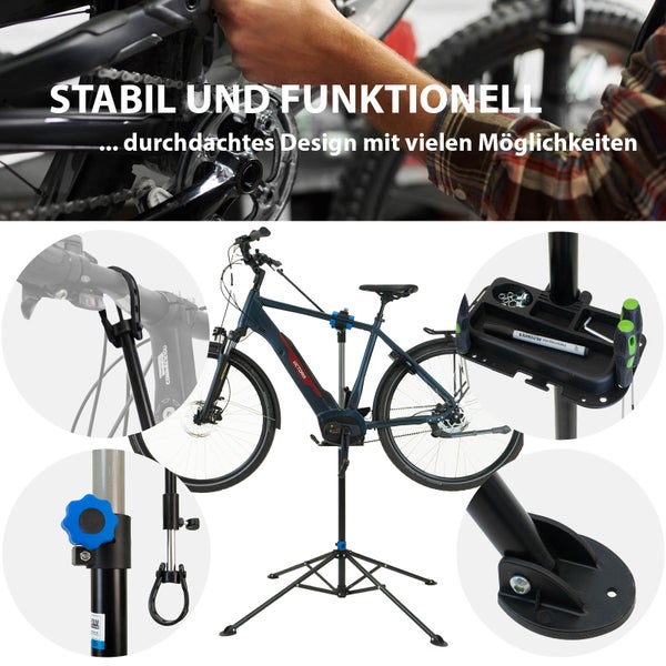 Fahrrad Montageständer mit Haltearm, Werkzeugablage und stabilen Standbeinen zur Reparatur und Wartung von Fahrrädern und E-Bikes.