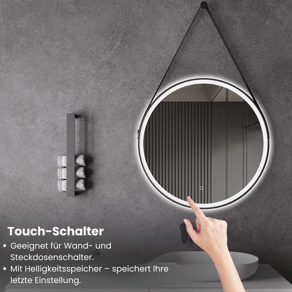 LED Spiegel Spiegelheizung Ø 60 oder 80 Schwarz Matt Warm-/Kaltlichteinstellung Badspiegel Lederschleife