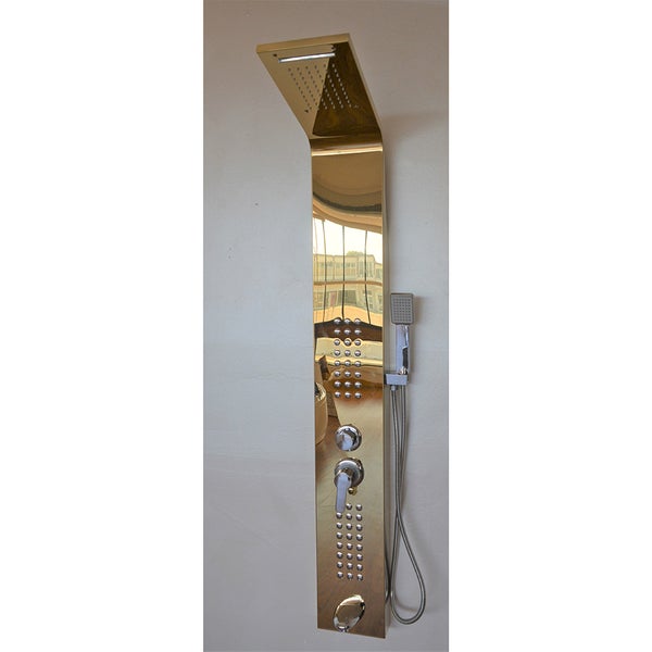 Duschpaneel aus verchromtem Edelstahl mit integrierter Regendusche, Handbrause und Massagedüsen.