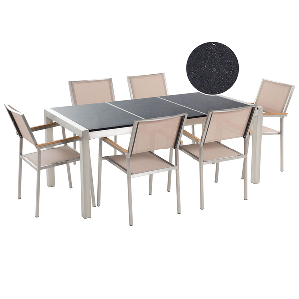 Gartenmöbel Set 6-Sitzer GROSSETO Dreifachplatte Granit Polierter Schwarz / Beige