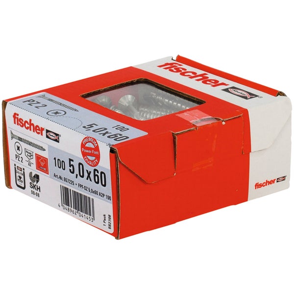 Fischer 100x Power-Fast 5 x 60 Senkkopf nicht rostender Stahl A2 Teilgewinde Kreuzschlitz PZ - 657225
