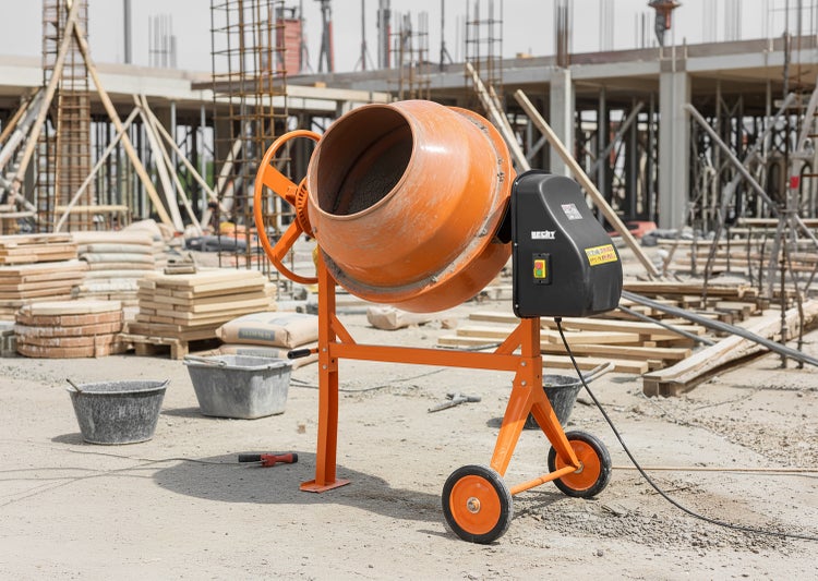 Hecht Betonmischer auf einer hellen Baustelle mit Holz, Baumaterialien und Gerüsten.