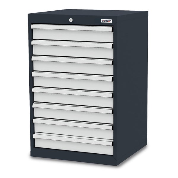 Anthrazitfarbener Werkzeugschrank aus Metall mit neun grauen Schubladen, Zentralschloss und WerkzeugStore24 Logo.