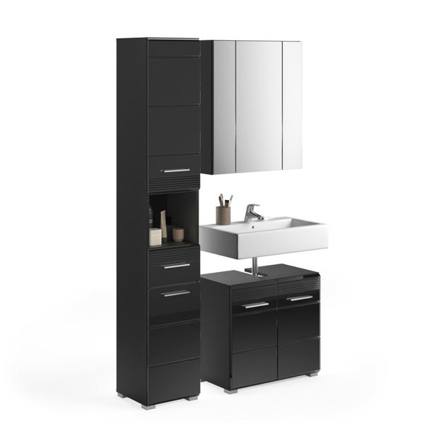 Modernes Badezimmermöbel-Set in Schwarz mit Hochschrank, Waschtischunterschrank, Waschbecken und Spiegelschrank.