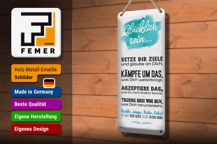 Blechschild Spruch Glücklich sein setze dir Ziele 10x27cm