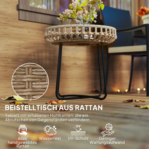 Outsunny 2er Set Beistelltisch Polyrattan Ø60/41 cm rund wetterfest Gartentisch mit X-Beine Verstellbare Fußpads Outdoor Balkontisch Couchtisch Gartenmöbel für Garten, Balkon Braun