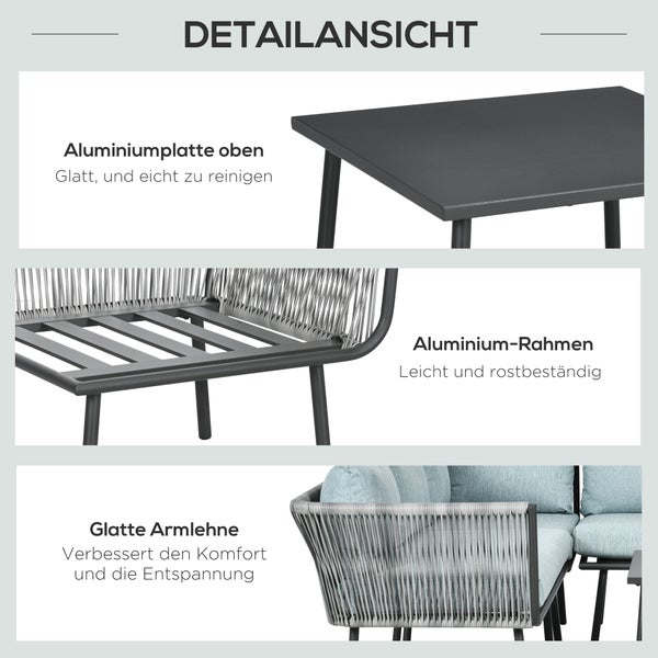 Detailansicht Gartenmöbel: Aluminiumtischplatte, rostbeständiger Aluminiumrahmen und geflochtene Armlehne mit Polsterung.