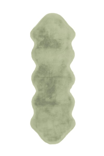 Kunstfell-Teppich in Schafsfell-Optik, langflorig, hellgrün, geschwungene Form.
