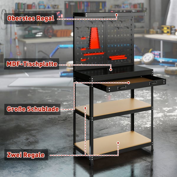 Schwarze Werkbank mit Lochwand, oberstem Regal, MDF-Tischplatte, einer großen Schublade und zwei unteren Regalfächern in einer Werkstatt.