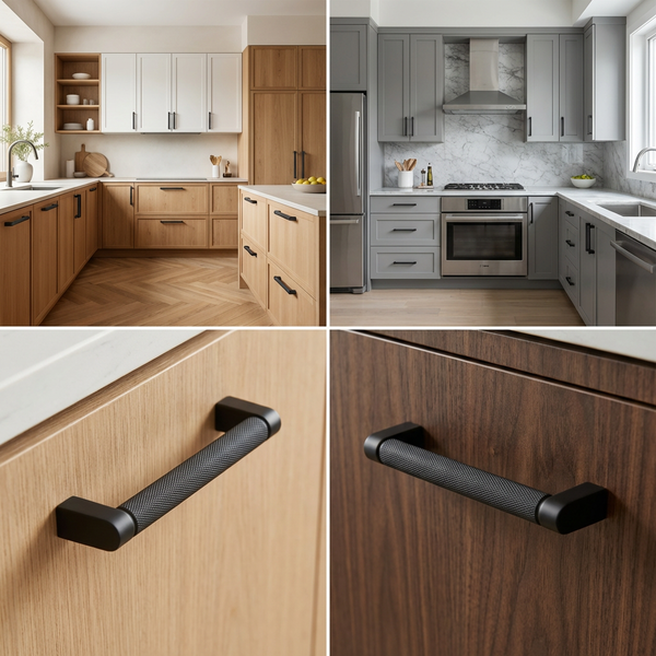 Collage von zwei Küchen in unterschiedlichen Designs und Nahaufnahmen von Schubladengriffen