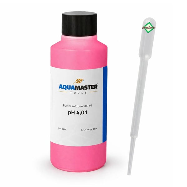 Aquamaster Tools Pufferlösung pH 4,01 in einer 500 Milliliter Flasche inklusive Pipette.