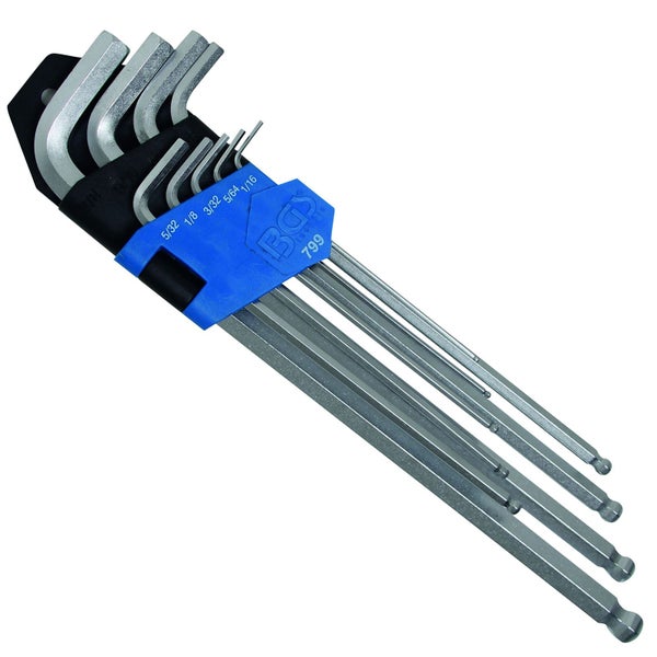 Winkelschlüsselsatz von BGS Technic, 9-teilig, Zollmaße, mit Kugelkopf, silberne Stiftschlüssel in einem blau-schwarzen Kunststoffhalter.