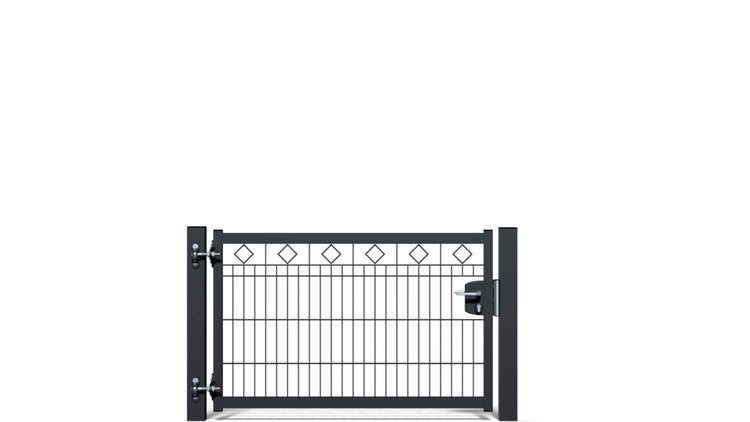 Gartentür ZAUNGURU BASIC-Linie Raute aus Metall, Höhe: 83cm, Breite: 150cm, 1-flügelig inkl. Pfosten, Schloss und Zubehör, Feuerverzinkt und zusätzlich in RAL 7016 Anthrazitgrau pulverbeschichtet