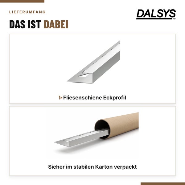 Dalsys Logo und Lieferumfang einer Fliesenschiene als Eckprofil, sicher verpackt in einer stabilen Papprolle.