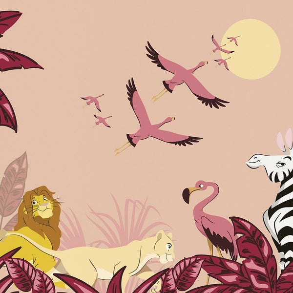Illustration einer Dschungelszene mit Löwe, Zebra und Flamingos