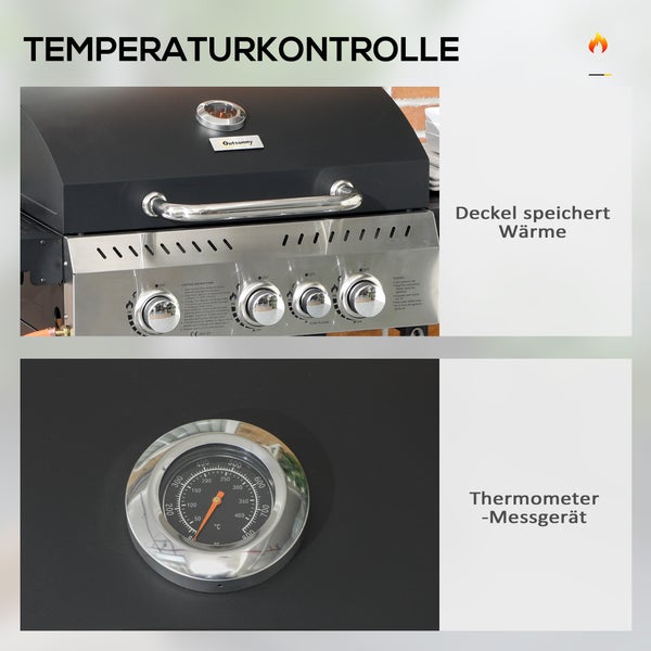 Outsunny Gasgrill 3 KW 3+1 Brenner BBQ Grillwagen aus Edelstahl inkl Seitenbrenner Thermometer Grillrost Kochfeld Flaschenöffner Seitenablagen Gas-Grill für Balkon Camping 123 x 52 x 101cm