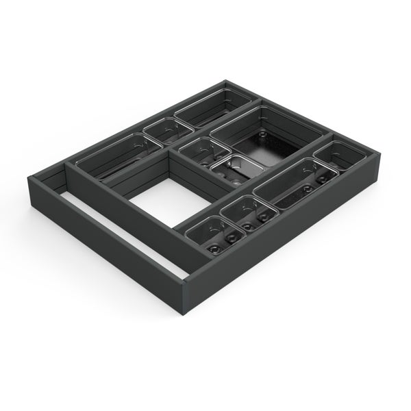 Schubladen-Organizer Set in Dunkelgrau mit mehreren transparenten Einsätzen für die strukturierte Aufbewahrung von Besteck oder Kleinteilen.