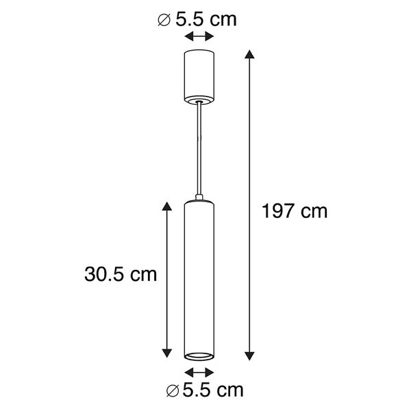 Technische Zeichnung einer Pendelleuchte mit den Maßen 197 cm Höhe und 5,5 cm Durchmesser.
