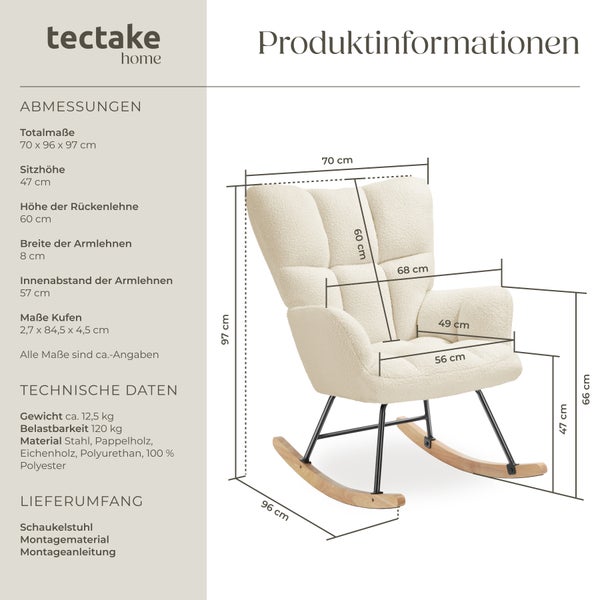 Schaukelstuhl tectake Torve 68 x 96 x 97 cm, Belastbarkeit 120 kg gepolstert mit Bouclé-Bezug, gesteppt beige