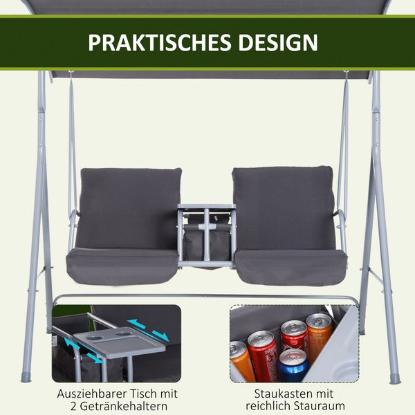 Outsunny Hollywoodschaukel, 2-Sitzer Gartenschaukel mit Sonnendach, 175 x 112 x 165 cm, Metall, Polyester, Oxford, Grau