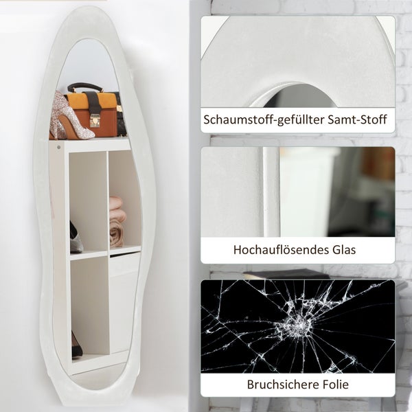 HOMCOM Ganzkörperspiegel, 160 x 50 cm unregelmäßiger gewellter Standspiegel mit samtartiger Rahmenbezug, Groß Wandspiegel, Ankleidespiegel für Wohnzimmer, Schlafzimmer, Garderobe, Flur, Weiß