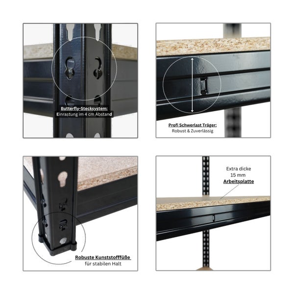 PROREGAL Profi Schwerlastregal Bison HxBxT 200 x 200 x 60 cm 4 Spanplatten-Ebenen 16mm Fachlast 600 kg Schwarz