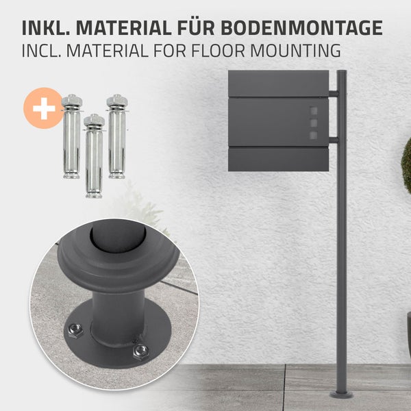 Standbriefkasten in Anthrazit inklusive Material für die Bodenmontage mit Metalldübeln und Detailansicht der Standfußbefestigung.