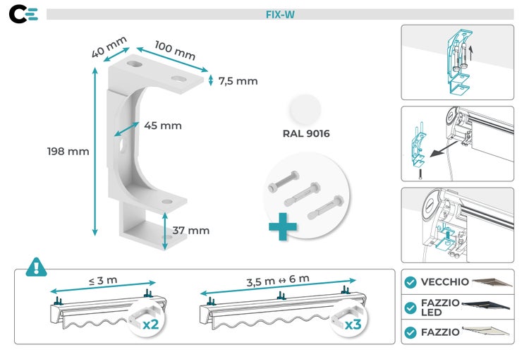 Wandhalterung FIX-W für Markisen mit Abmessungen 198 mal 100 mal 40 Millimeter, Montagezubehör und Kompatibilitätshinweisen.