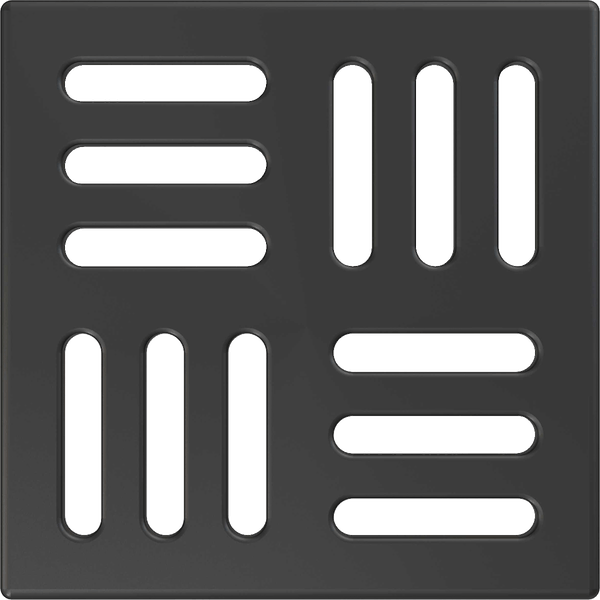 Quadratisches Ablaufgitter mit symmetrischem Schlitzmuster aus horizontalen und vertikalen Öffnungen.