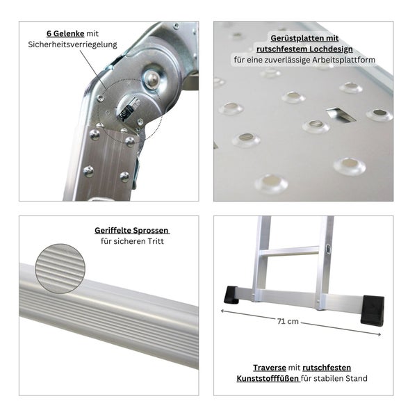Details einer Mehrzweckleiter: Gelenke mit Sicherheitsverriegelung, Gerüstplatten mit rutschfestem Lochdesign, geriffelte Sprossen und Traverse mit Kunststofffüßen für stabilen Stand.