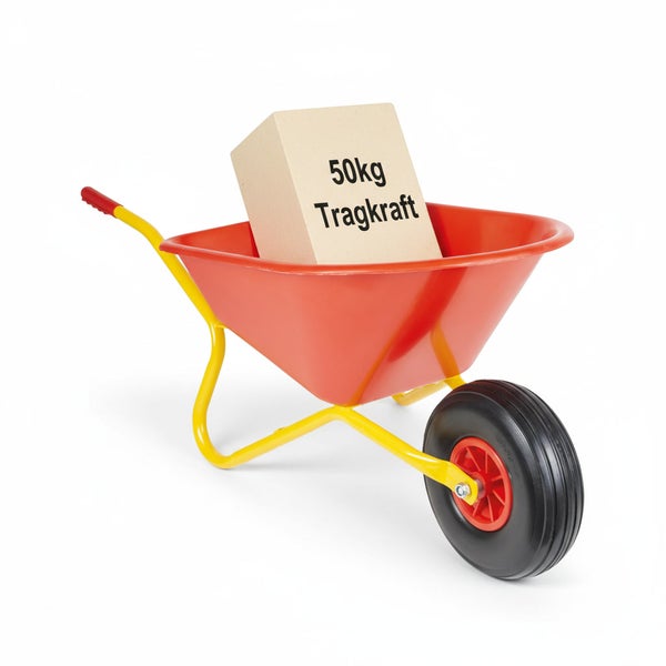 Rote Schubkarre mit gelbem Gestell und Karton mit der Aufschrift 50 Kilogramm Tragkraft