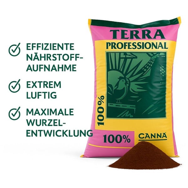 Canna Terra Professional Blumenerde im Beutel mit Erdhaufen. Effiziente Nährstoffaufnahme, extrem luftig und maximale Wurzelentwicklung.