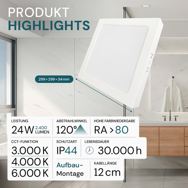 Quadratische LED-Aufbauleuchte, 299 x 299 x 34 Millimeter, 24 Watt Leistung, 2400 Lumen, 120 Grad Abstrahlwinkel, Farbwiedergabe größer 80 RA, CCT-Funktion mit 3000, 4000 und 6000 Kelvin, Schutzart IP44, Lebensdauer 30000 Stunden, Kabellänge 12 Zentimeter
