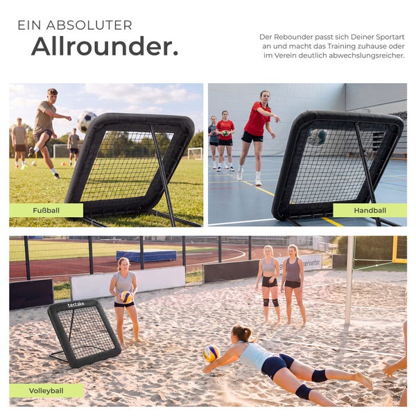 Rebounder Trainingsgerät für Fußball, Handball und Volleyball im Einsatz auf dem Sportplatz, in der Halle und am Strand.