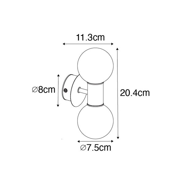 Technische Zeichnung einer Wandleuchte mit zwei Kugeln; Höhe 20,4 Zentimeter, Breite 11,3 Zentimeter, Durchmesser der Halterung 8 Zentimeter.