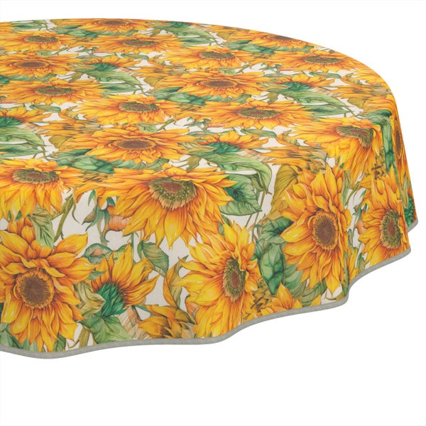 Runde Tischdecke mit Sonnenblumen-Muster und eingefasstem Rand.