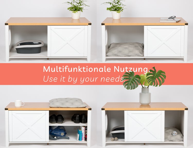 needs&wants® Katzenschrank groß für Katzentoilette XXL aus Holz mit Schuhschrank Sitzkommode, Katzenklo-Schrank Kommode, Design Katzenhaus Toilette Klo, weiß braun