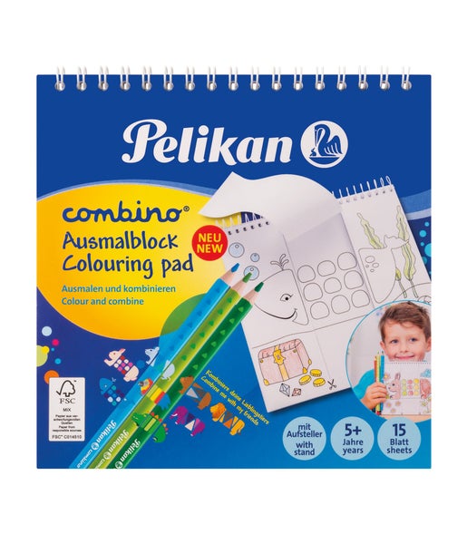 Pelikan combino Ausmalblock mit Spiralbindung, 15 Blatt, für Kinder ab 5 Jahren, inklusive Aufsteller.