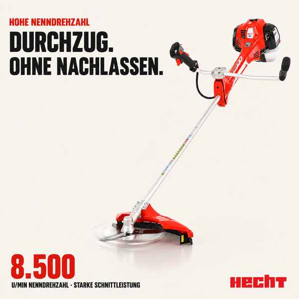 Hecht Benzin-Freischneider mit 8500 Umdrehungen pro Minute Nenndrehzahl für starke Schnittleistung.