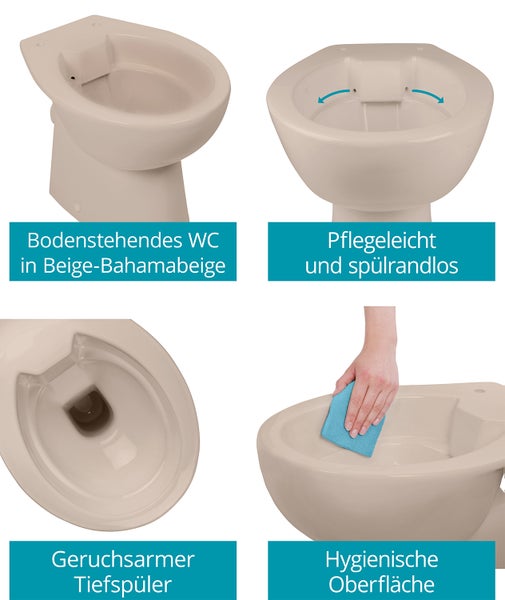 Calmwaters Stand WC spülrandlos in Beige-Bahamabeige, Tiefspüler mit Abgang waagerecht, hygienische Toilette ohne Spülrand, bodenstehendes WC aus Sanitärkeramik in Beige, 39 cm Höhe, 07AB6143