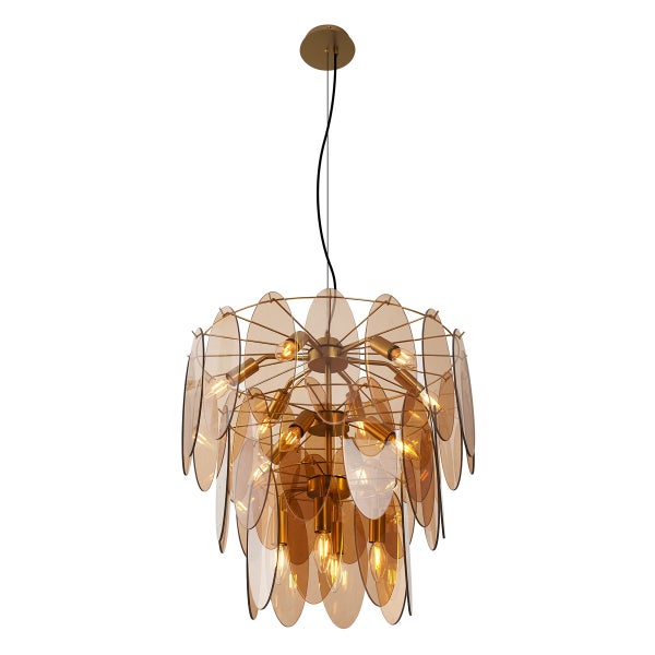 Hängeleuchte mit mehreren Leuchtmitteln und dekorativen Elementen.