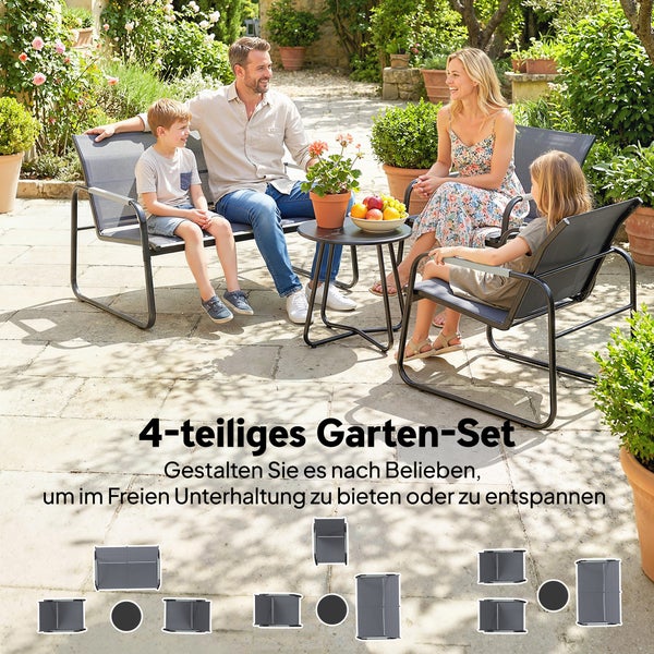 Vierteiliges Gartenmöbel-Set aus Metall und Textilene auf einer Terrasse, bestehend aus Bank, zwei Sesseln und einem runden Beistelltisch.