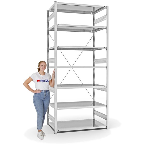 PROREGAL Fachbodenregal Stecksystem T-Profil Heavy-Duty Grundregal HxBxT 300 x 130 x 80 cm 7 Ebenen Fachlast 330 kg Einseitig Nutzbar Lichtgrau