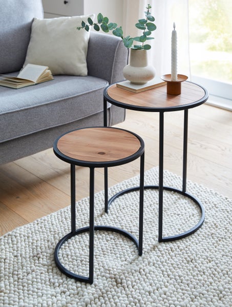 FRANK FLECHTWAREN | Beistelltisch Circle, 2er Set, METALL, HOLZ, 30 x 30 x 40 cm, 40 x 40 x 50 cm
