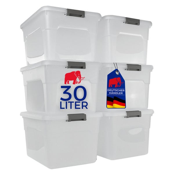 Stapelbare transparente Kunststoffboxen mit Deckel und Clipverschluss, 30 Liter Fassungsvermögen pro Box, Elephant Logo, Deutscher Händler Siegel.