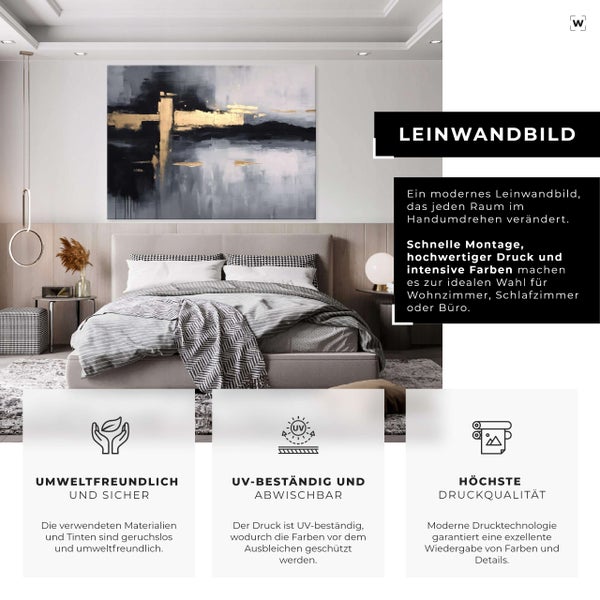 Modernes Leinwandbild für Schlafzimmer mit abstrakter Kunst in einem eleganten und harmonisch eingerichteten Interieur.