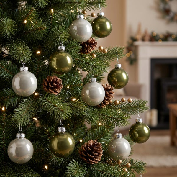 Geschmückter Weihnachtsbaum mit glänzenden Weihnachtskugeln und Tannenzapfen als weihnachtliche Dekoration in einem wohnlichen Ambiente