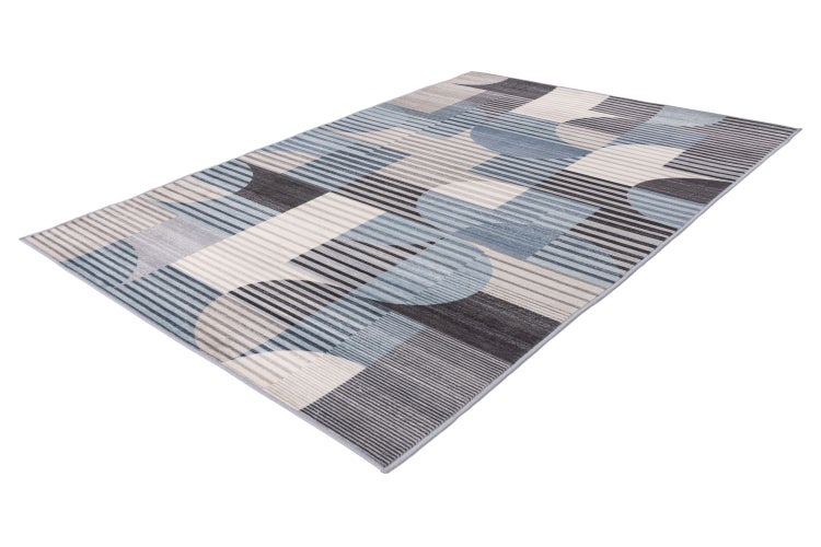 Rechteckiger Teppich mit geometrischem Muster aus Streifen und Kreissegmenten